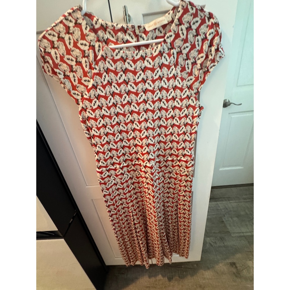 Tory Burch Red White Floral Print Short Sleeve Pleated Midi Dress Size S - Picture 1 of 6